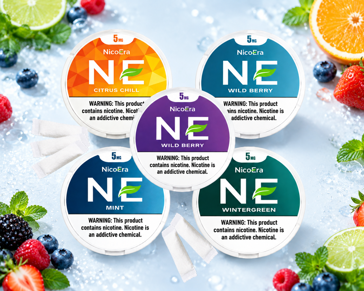 NicoEra nicotine pouch cans in five flavors